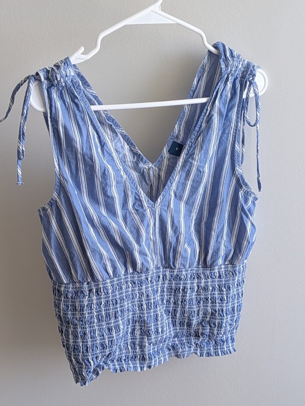 Old Navy Blue and White Striped Tie-Shoulder Smocked Waist Tank